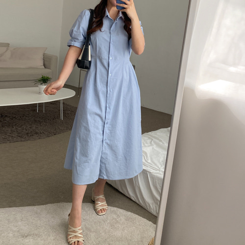A라인 린넨 퍼프 반팔 플레어 셔츠 원피스 여름 하객 롱원피스 - 상세 이미지 3