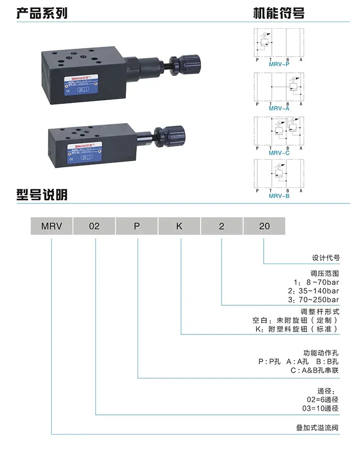 MRV-02P MRV-02A MRV-02B MRV-03P 03B 03A 스택 릴리프 밸브 압력 조절