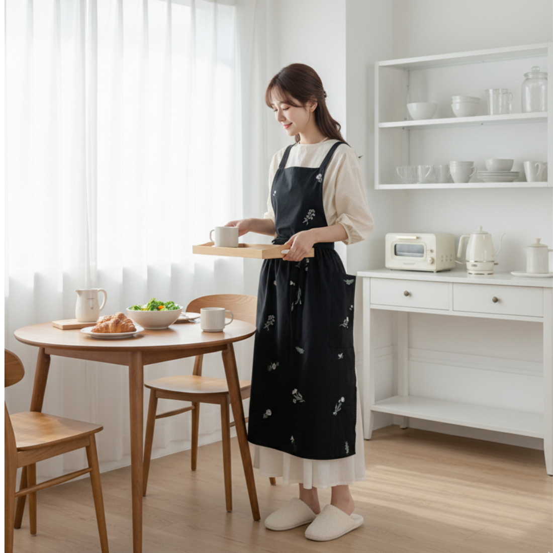 홈꼬세르 생활방수 면 자수 바르스타 꽃집 공방 예쁜 앞치마 - 상품 이미지