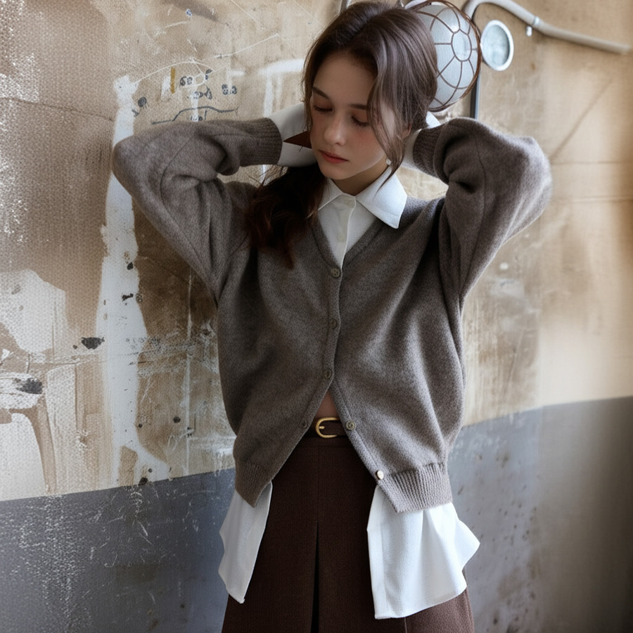 웜 소프트 레이어드 노치드 카라 니트 (WOOD BROWN) - 상품 이미지