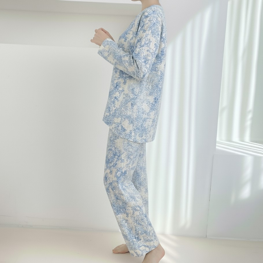 국산 2중거즈면 여성 파자마 세트 뜨왈패턴 상하세트 홈웨어 잠옷 - 상품 이미지