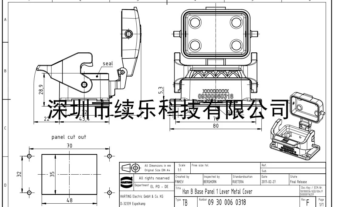 HARTING 커넥터 09300060318 베이스 HAN-6B-HBM-SL-C 오리지널 패키지
