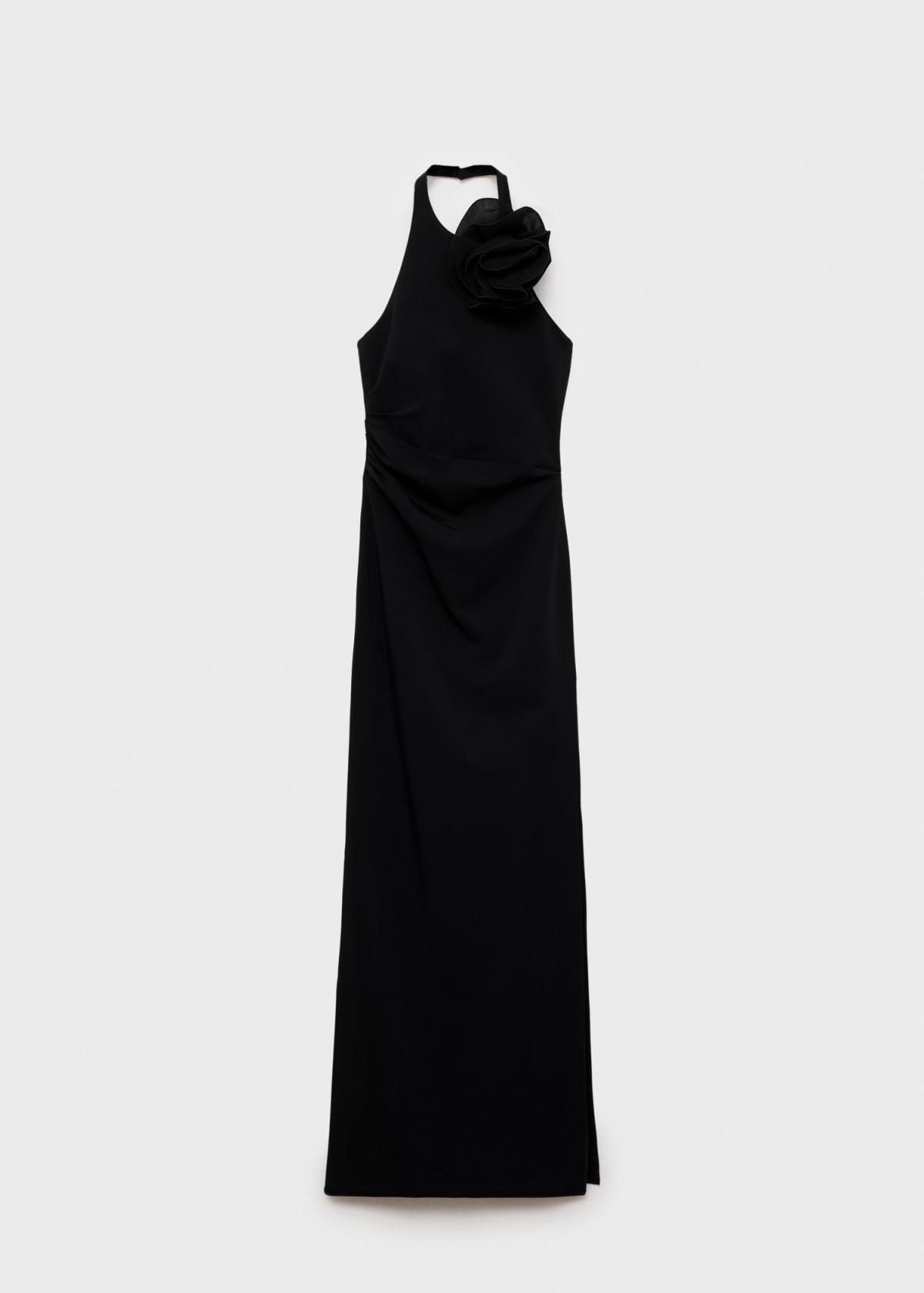 망고 플라워 드레이프 홀터넥 롱 원피스 87055988 NEGRO - 상품 이미지