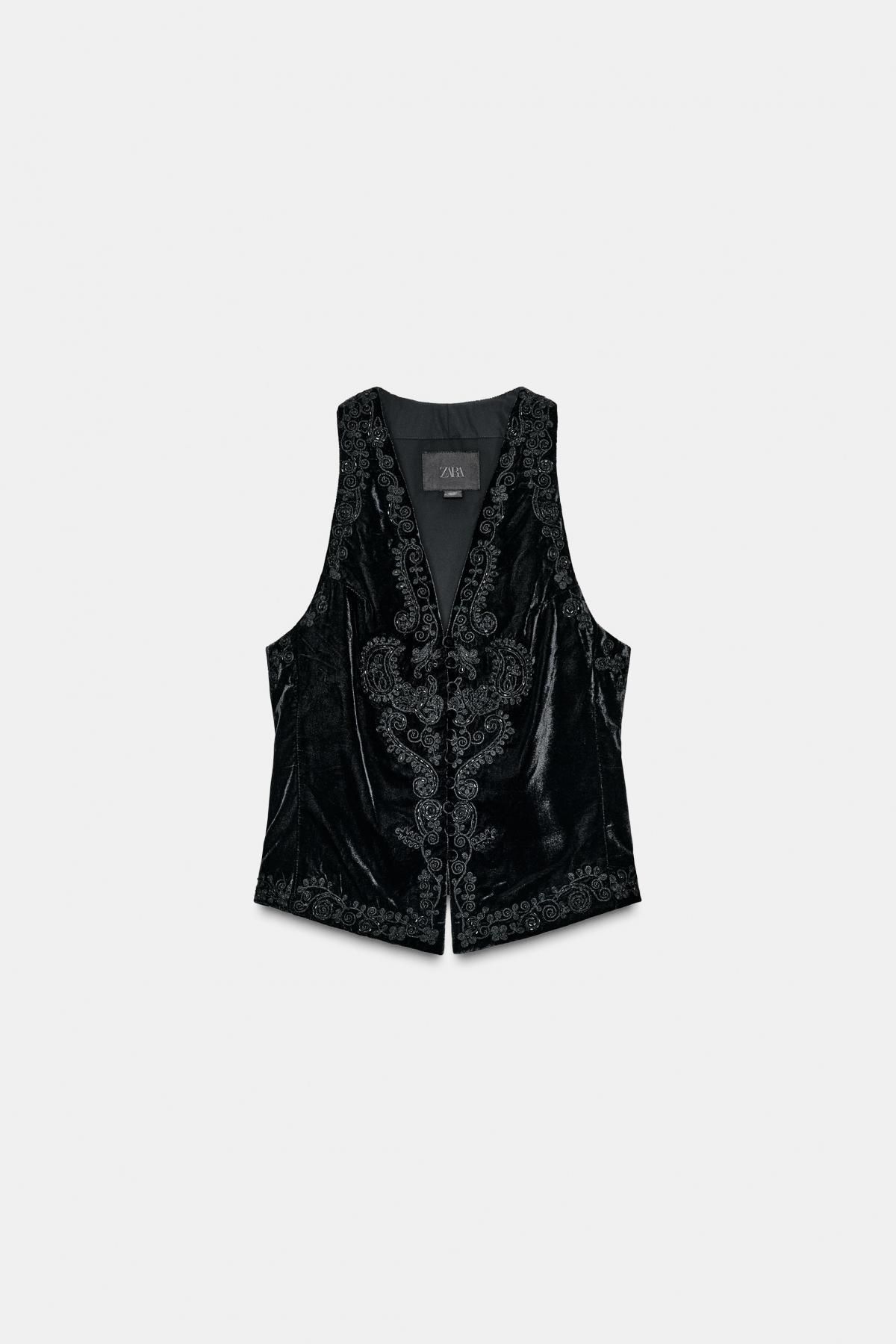 자라 프리미엄 벨벳 자수 브이넥 베스트 7521/292 BLACK - 메인 이미지