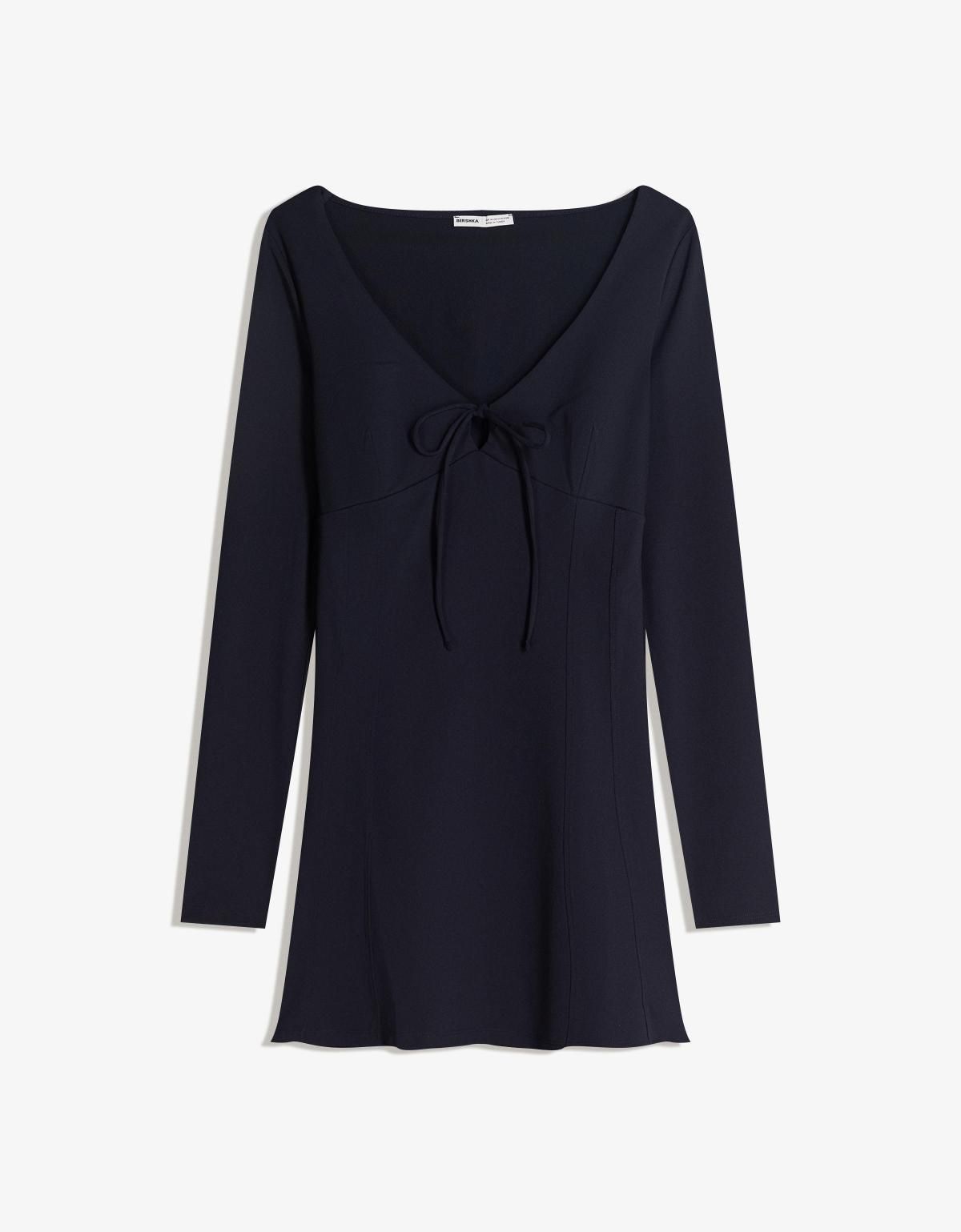 버쉬카 브이넥 리본 미니 원피스 5641/187 NAVY - 상품 이미지