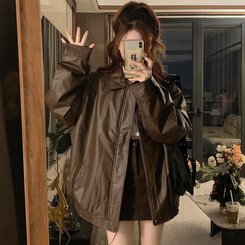 여성 빅사이즈 루즈핏 PU 가죽 자켓 점퍼 오버핏 데일리 캐주얼 패딩 안감 간절기 아우터 봄 가을 겨울 - 상세 이미지 4