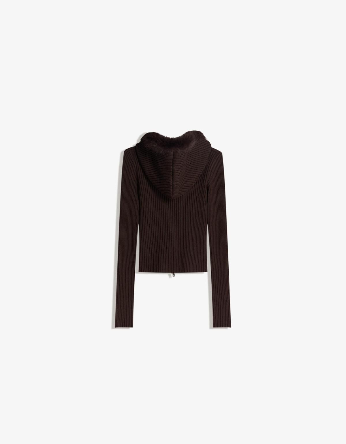 버쉬카 페이크 퍼 후드 니트 집업 재킷 7024/686 BROWN - 상세 이미지 3