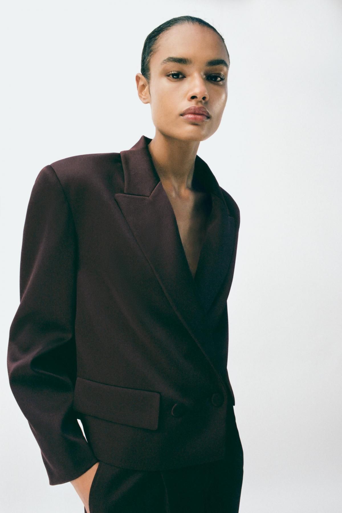 자라 새틴 더블브레스트 크롭 블레이저 9524/606 DARK BROWN - 상세 이미지 4