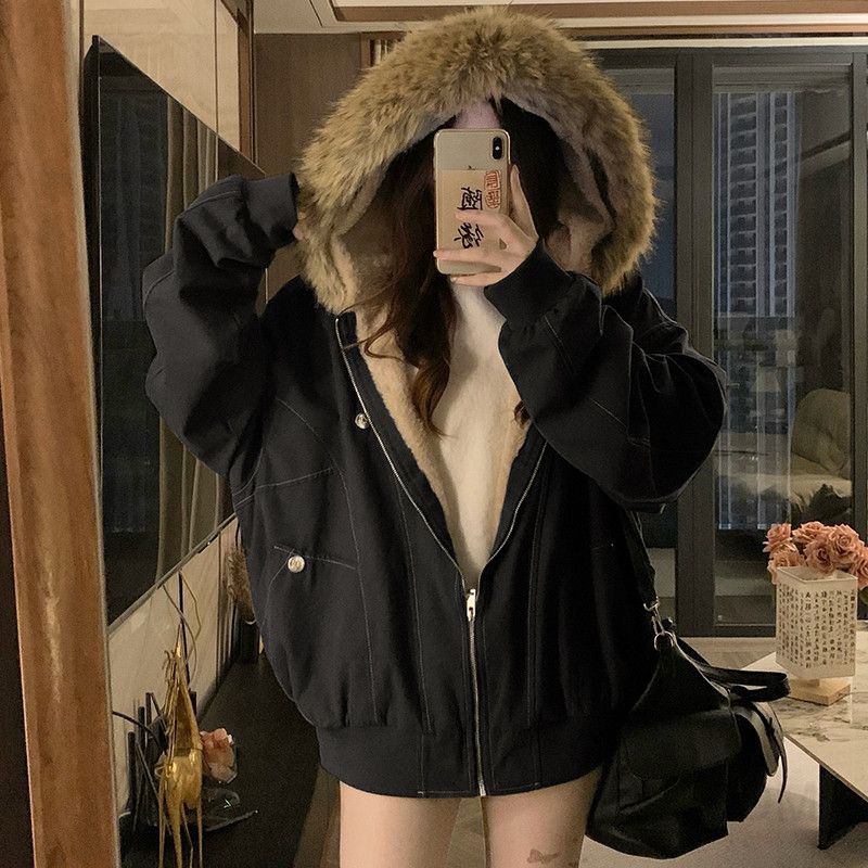 여성 겨울 모조 토끼털 재킷 짧은 디자인 따뜻한 착용감 캐주얼한 스타일 면 코트 클린핏 외출용 - 상세 이미지 3
