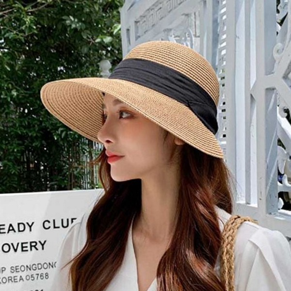 와이드 여성 밀짚 모자 라피아 여성 비치 모자 휴양지 - 메인 이미지