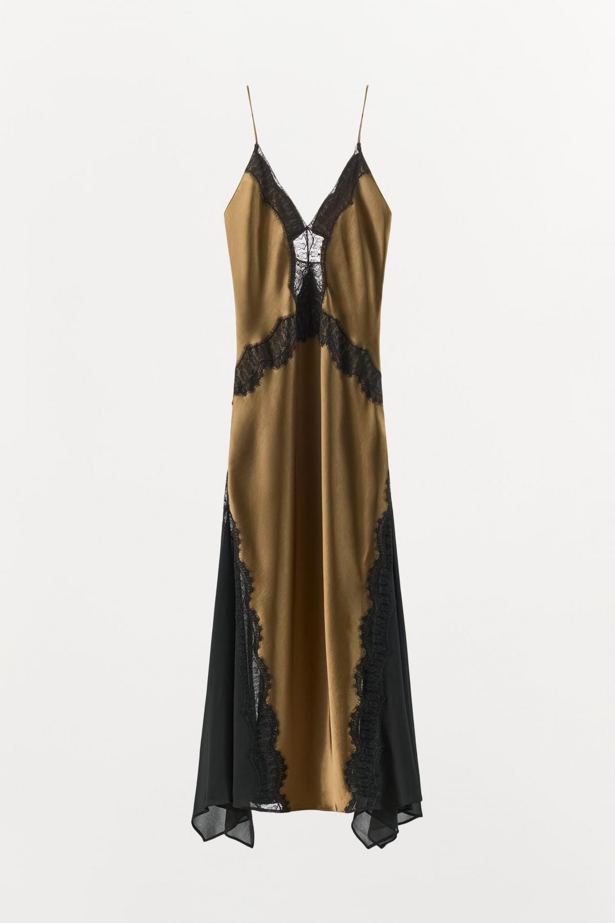 자라 새틴 레이스 콤비 롱 원피스 5919/620 BEIGE - 상품 이미지