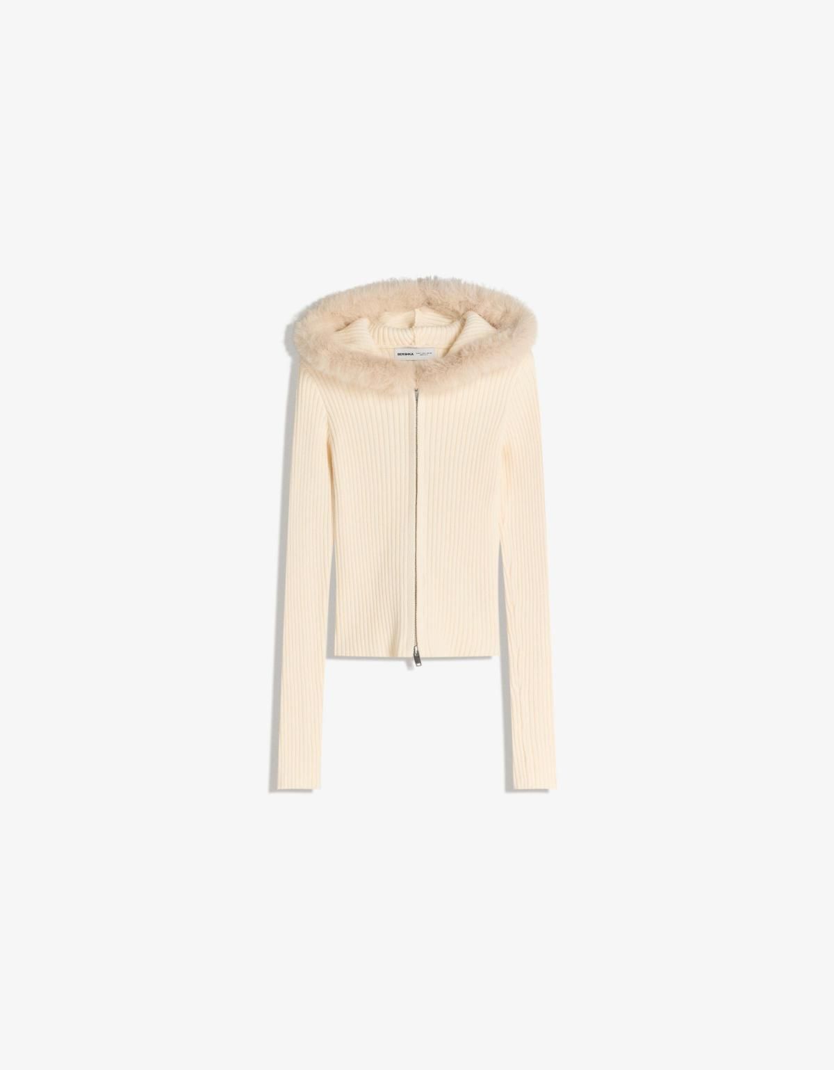 버쉬카 페이크 퍼 후드 니트 집업 재킷 아이보리 7024/686 CREAM - 메인 이미지