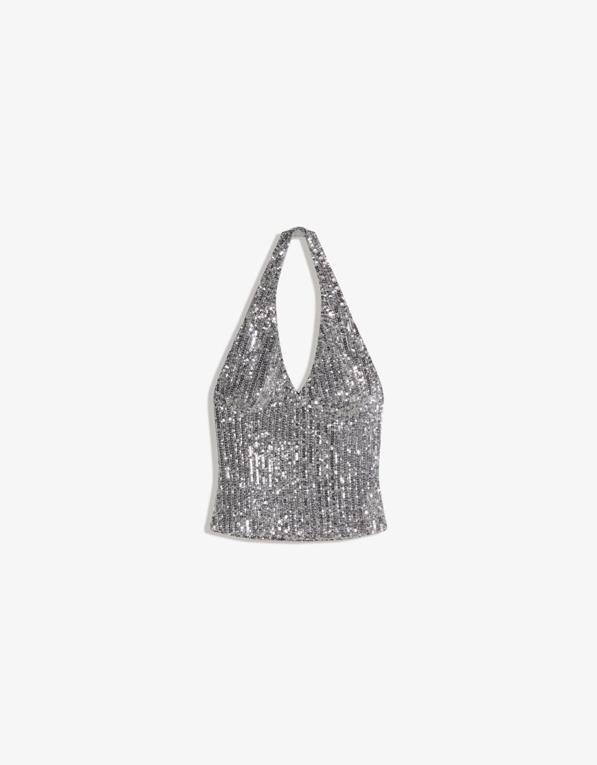 버쉬카 글리터 시퀸 홀터넥 크롭 탑 8789/710 SILVER - 상품 이미지