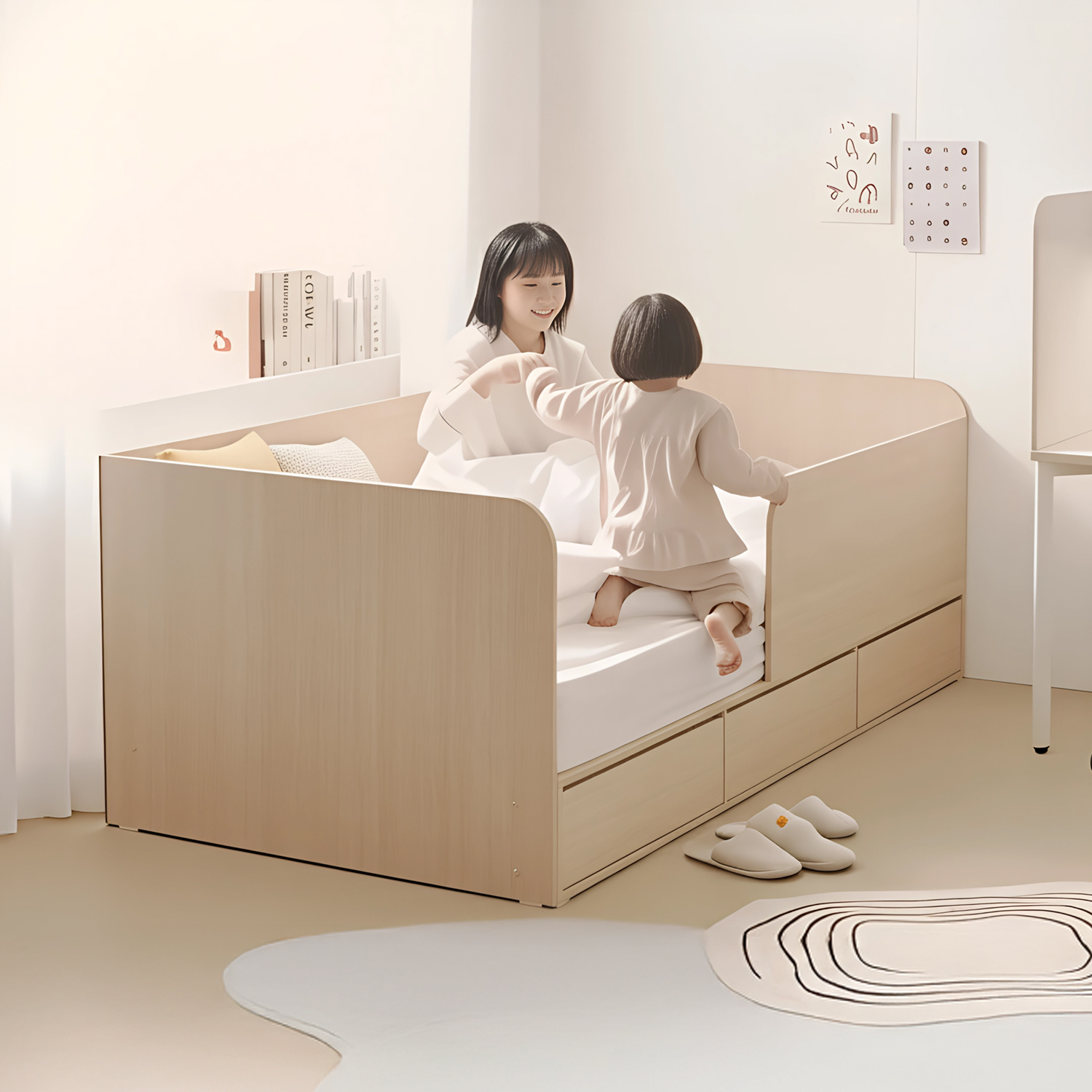 안전 가드 침대 키즈 아기 침대프레임 여아 공주 서랍형 SS(슈퍼싱글), 메이플