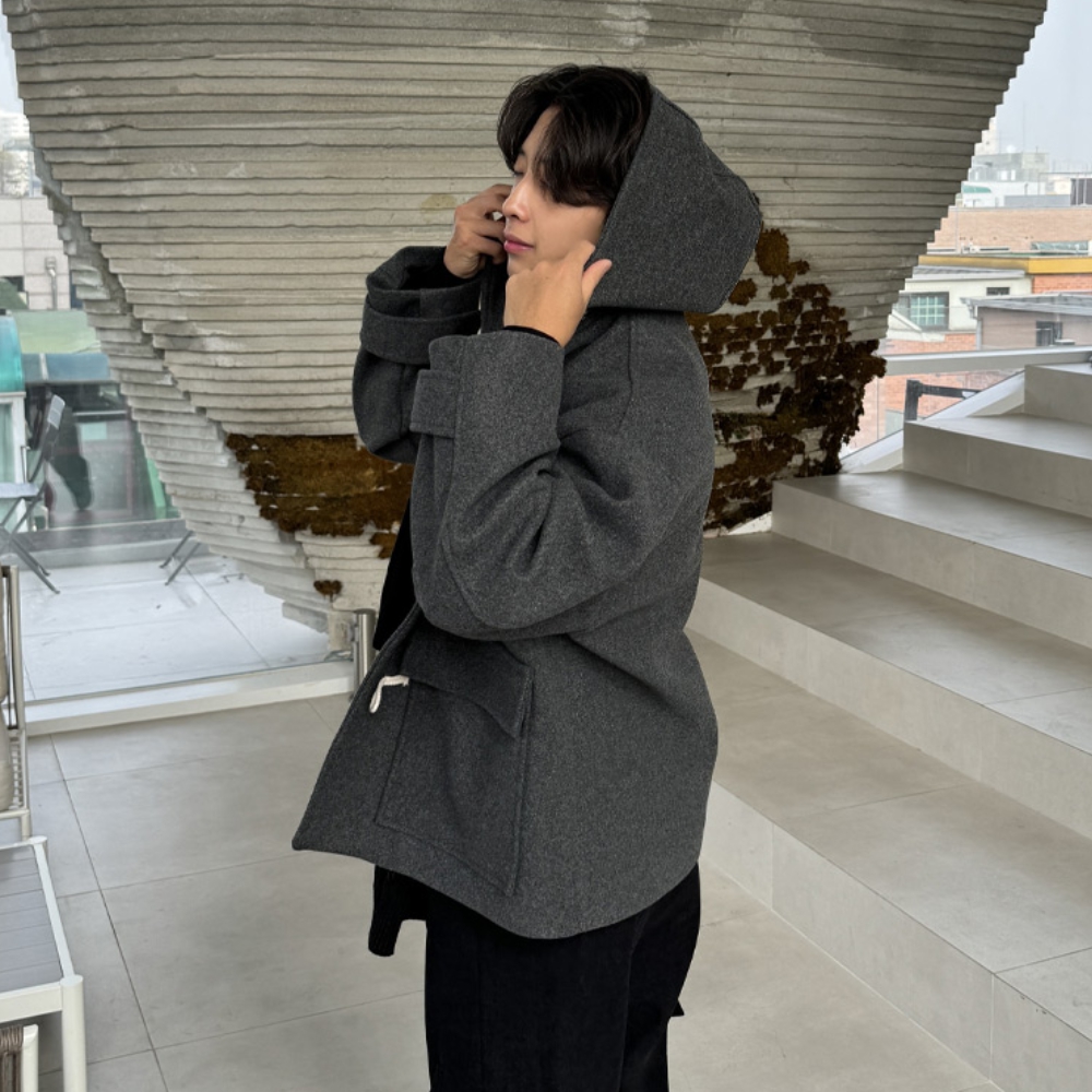 남자 캐시디 오버핏 겨울 하프 울 후드 더플 떡볶이 코트 이미지 3
