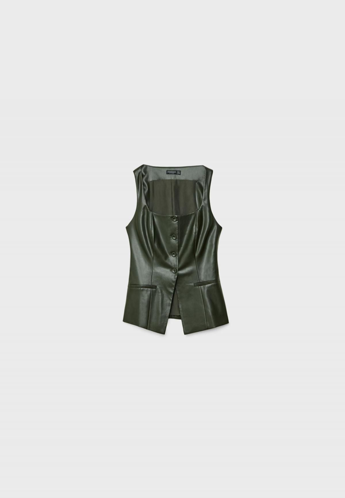 스트라디바리우스 레더 이펙트 스퀘어넥 베스트 6195/808 BOTTLE GREEN - 메인 이미지