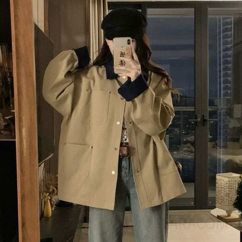여성 카라 루즈핏 오버핏 박시핏 배색소매 데일리 캐주얼 간절기 아방핏 자켓 점퍼 재킷 바람막이 아우터 봄 가을 - 상세 이미지 5