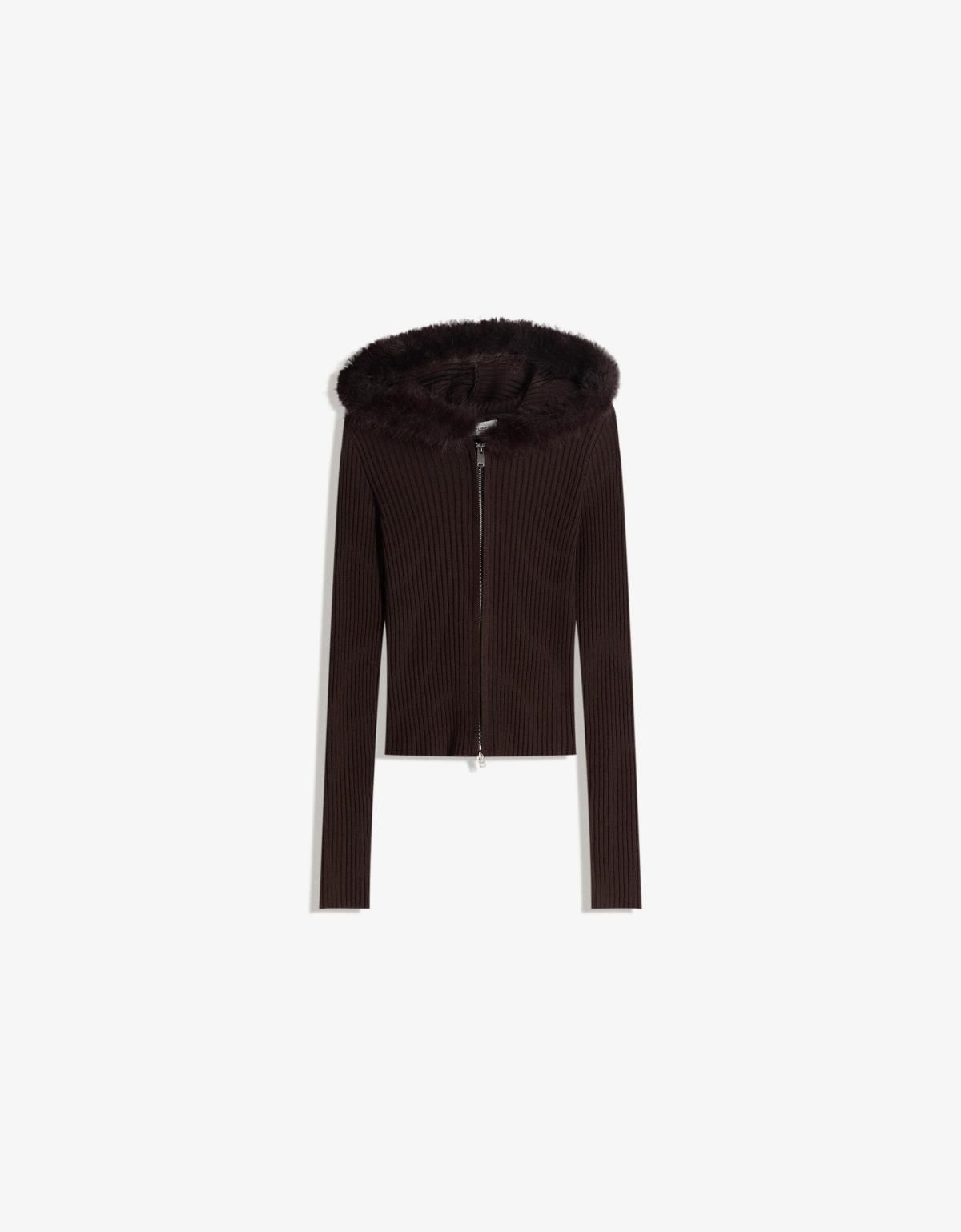 버쉬카 페이크 퍼 후드 니트 집업 재킷 7024/686 BROWN - 상세 이미지 2