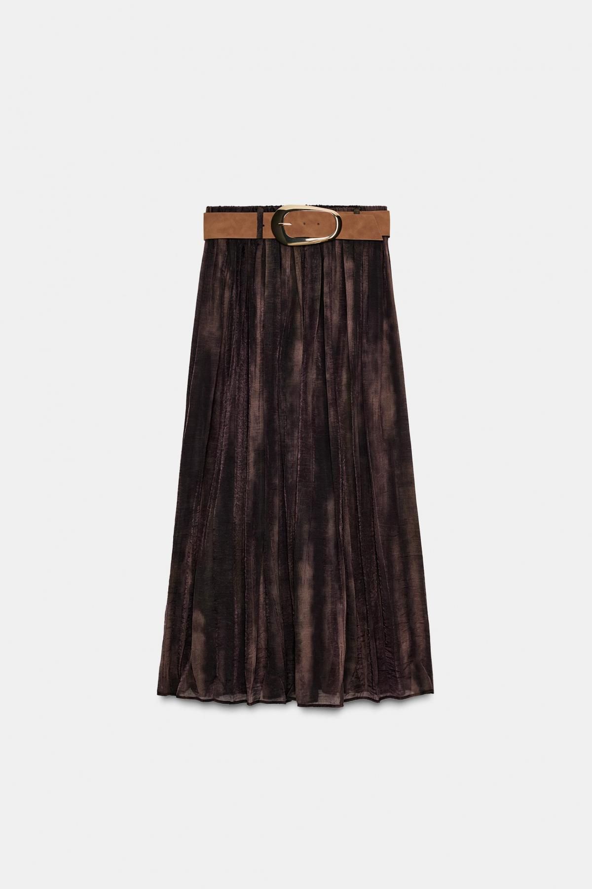 자라 프린트 벨티드 플리츠 미디 스커트 3897/193 BROWN / GREEN - 메인 이미지