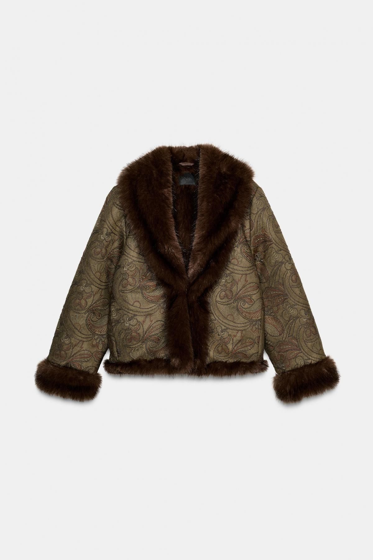 자라 테크니컬 자수 퍼 크롭 코트 8372/248 DARK KHAKI - 상품 이미지