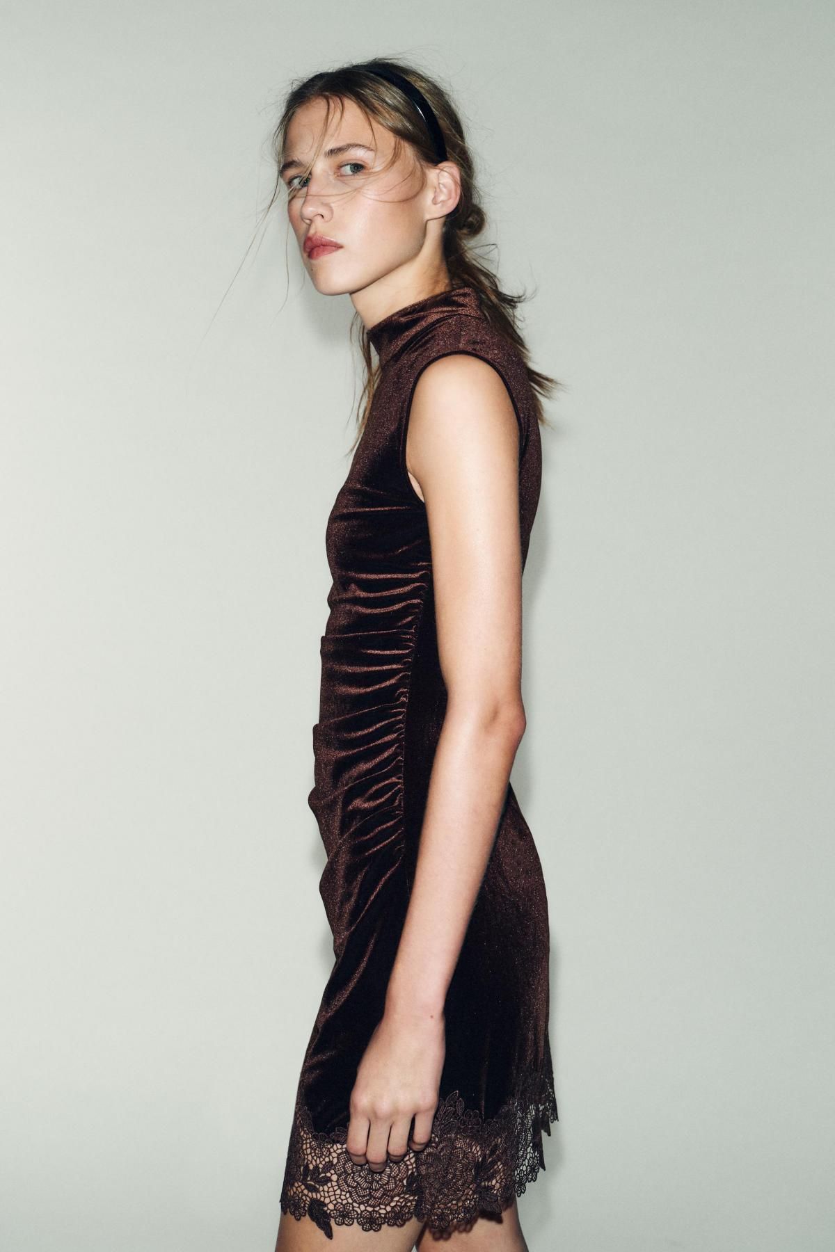 자라 럭셔리 벨벳 레이스 미니 원피스 8779/664 DARK BROWN - 상세 이미지 5