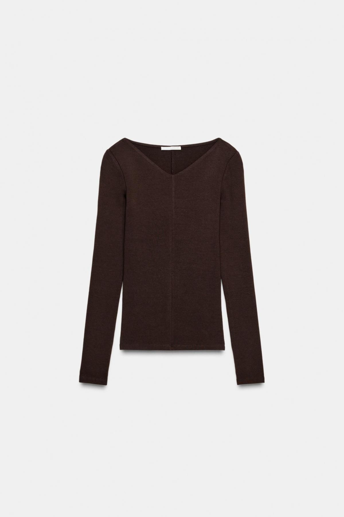 자라 슬림핏 브이넥 브라운 긴팔 티셔츠 4174/761 BROWN - 메인 이미지