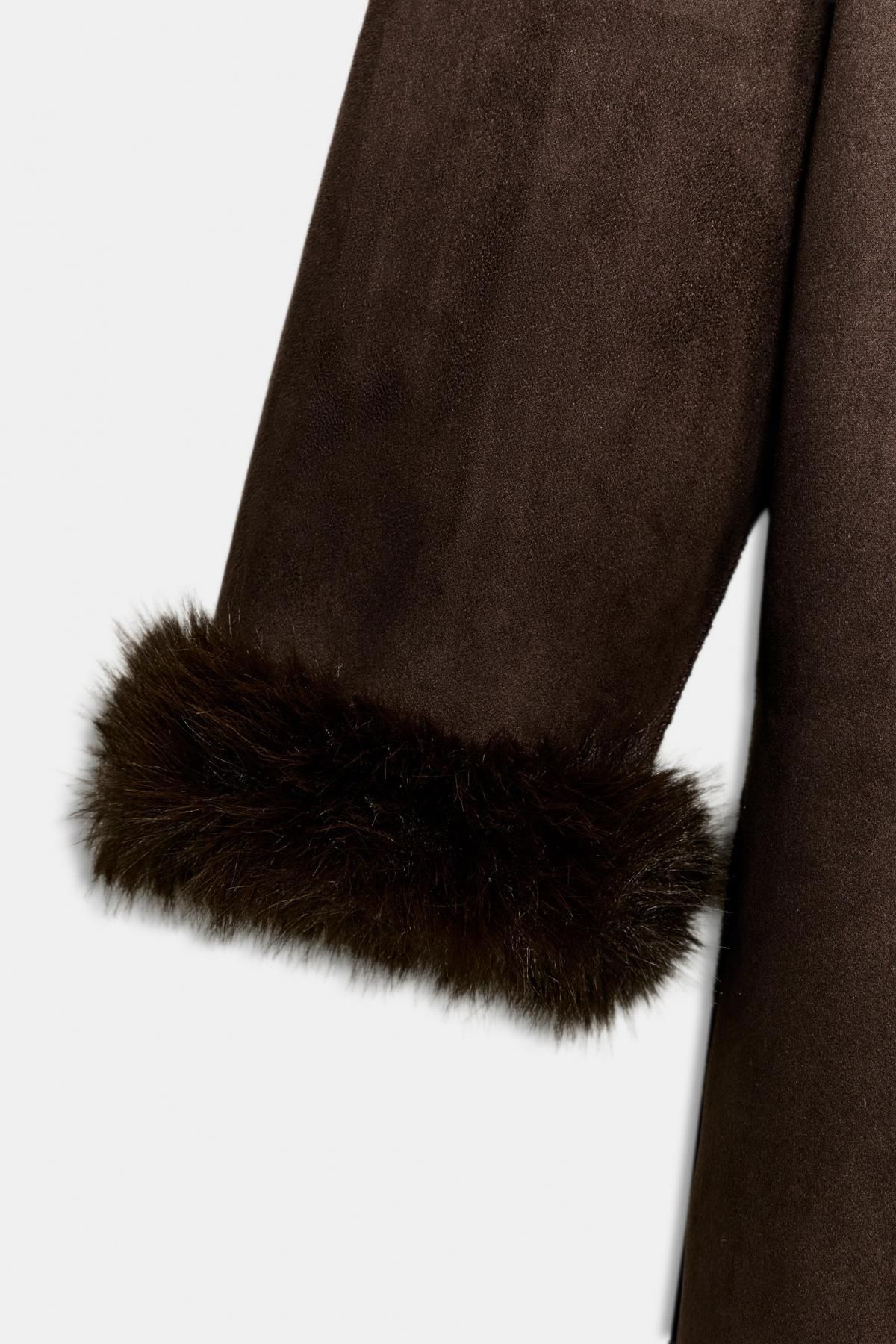 자라 벨티드 롱 퍼 코트 3581/240 BROWN 이미지 8