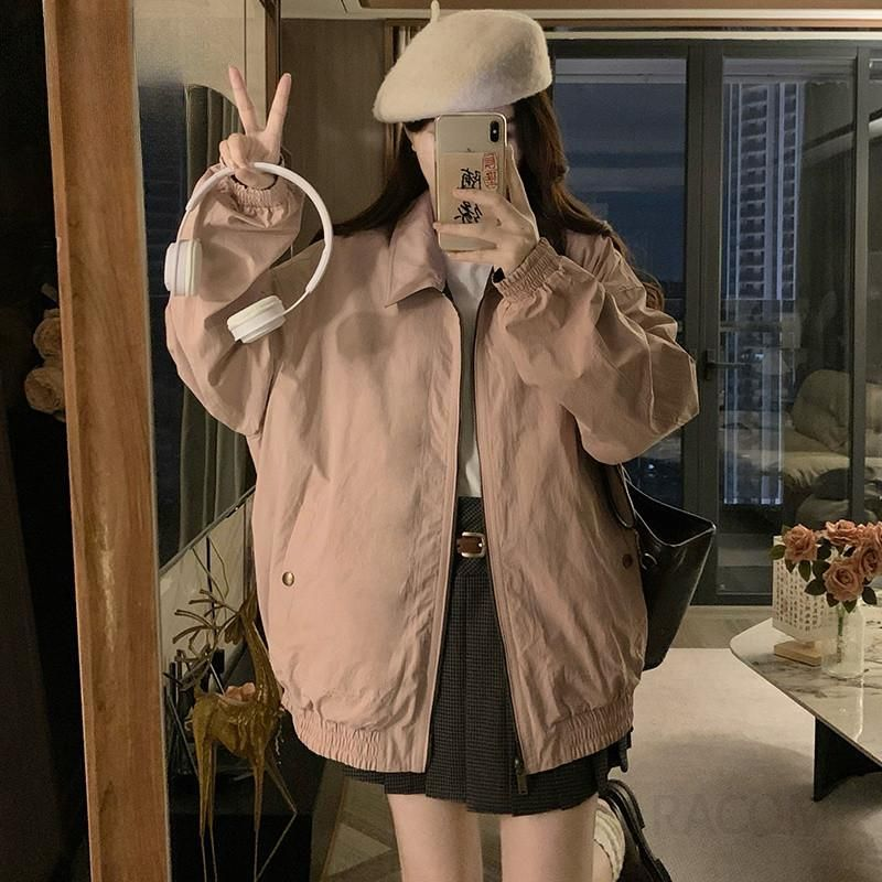 여성 양면 카라넥 루즈핏 오버핏 바람막이 점퍼 집업 자켓 간절기 데일리 캐주얼 아우터 봄 가을 코디 - 상세 이미지 2