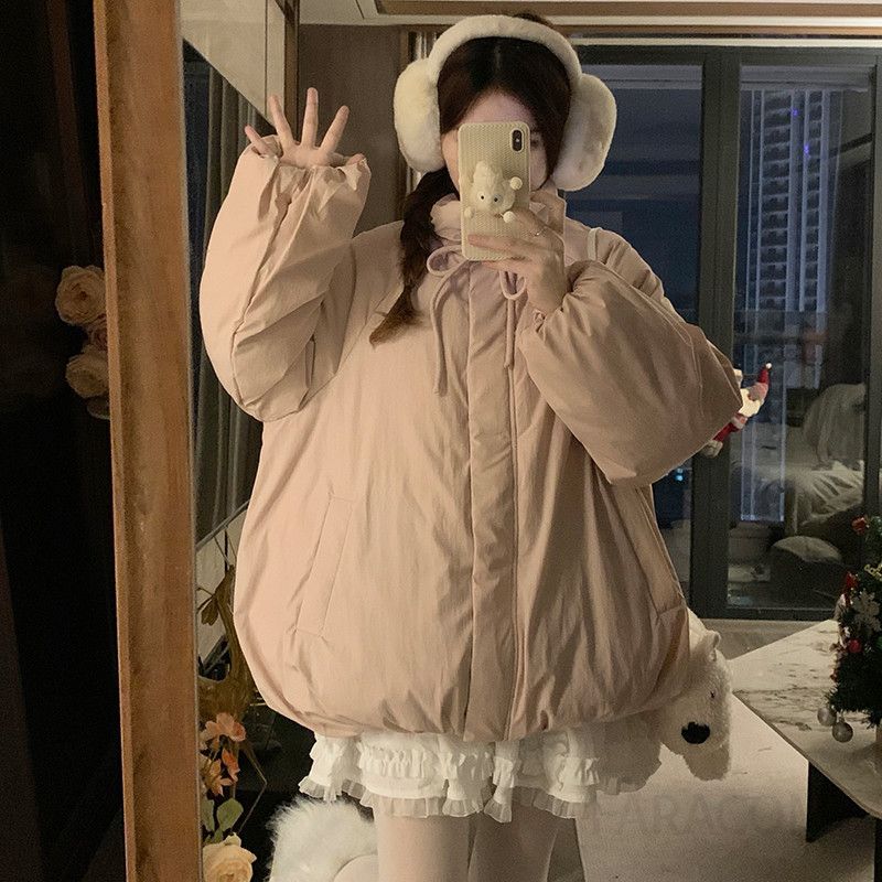 여성 빅사이즈 루즈핏 오버핏 웰론 숏패딩 점퍼 벌룬소매 하이넥 스트링넥 도톰한 폭신한 겨울 캐주얼 데일리 아우터 자켓 - 메인 이미지