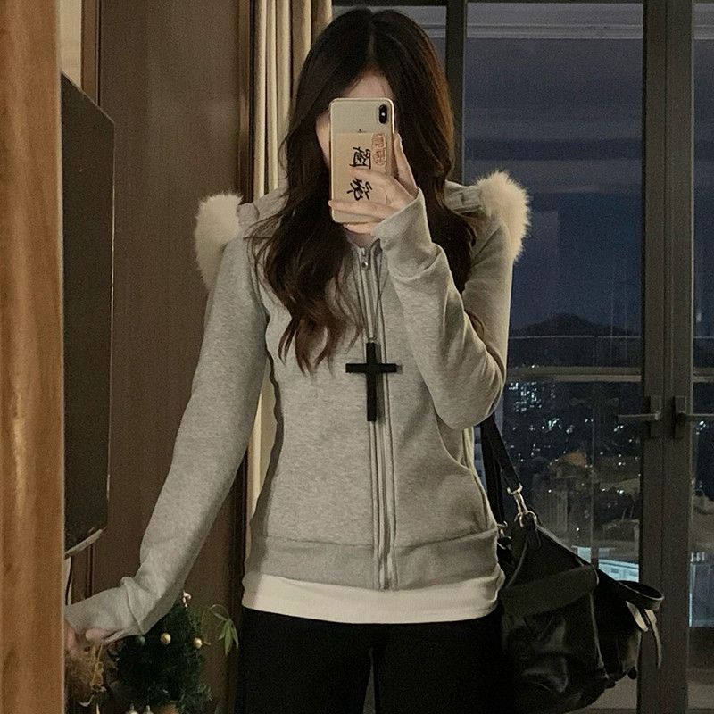 여성 빅사이즈 멜란지 퍼 후드 크롭 기모집업 슬림핏 숏 자켓 따뜻한 겨울 데일리 아우터 점퍼 - 메인 이미지