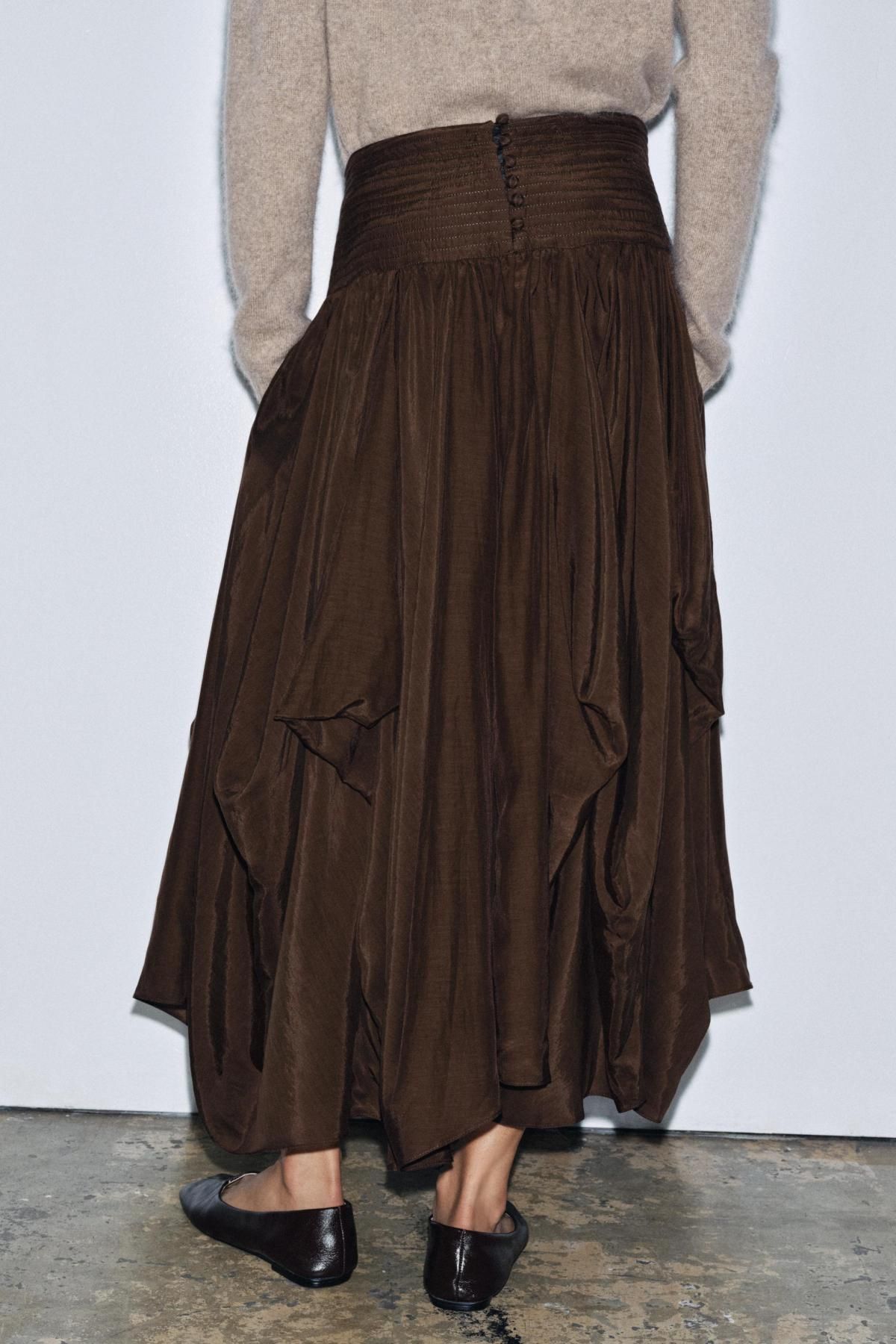자라 볼륨 플레어 미디 스커트 코튼 비스코스 9474/209 BROWN - 상세 이미지 4