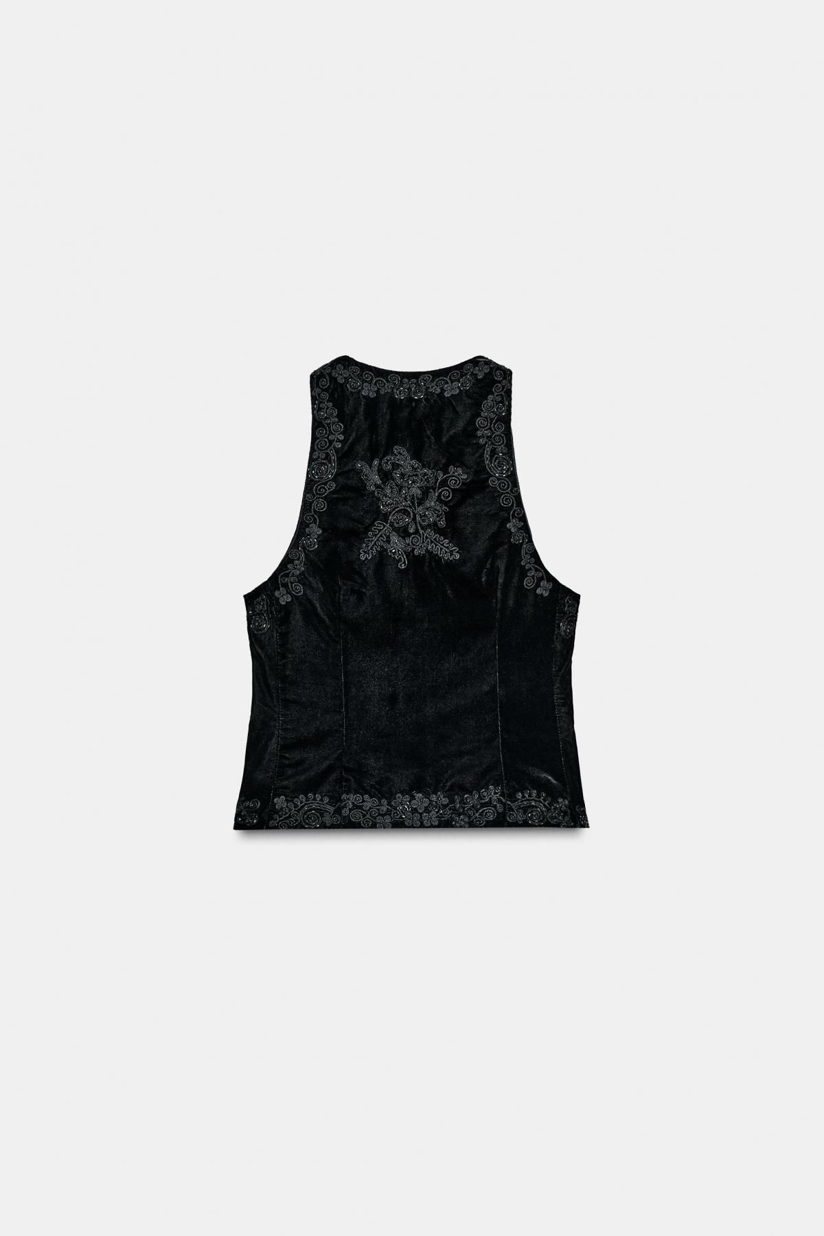 자라 프리미엄 벨벳 자수 브이넥 베스트 7521/292 BLACK - 상세 이미지 5