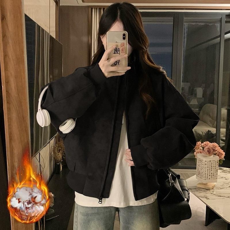 여성 루즈핏 오버핏 스탠드넥 하이넥 숏 기장 패딩 점퍼 항공 자켓 아우터 간절기 겨울 데일리 캐주얼 데이트룩 - 상세 이미지 4