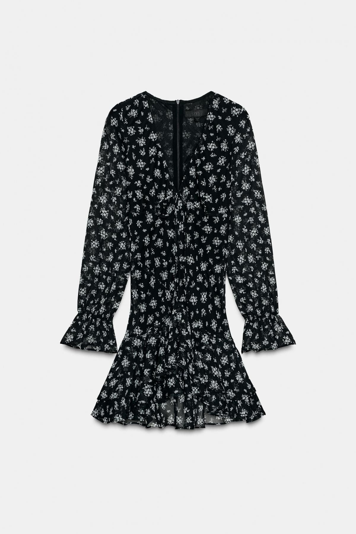 자라 플로럴 프린트 러플 미니 브이넥 원피스 2180/239 BLACK / WHITE - 메인 이미지