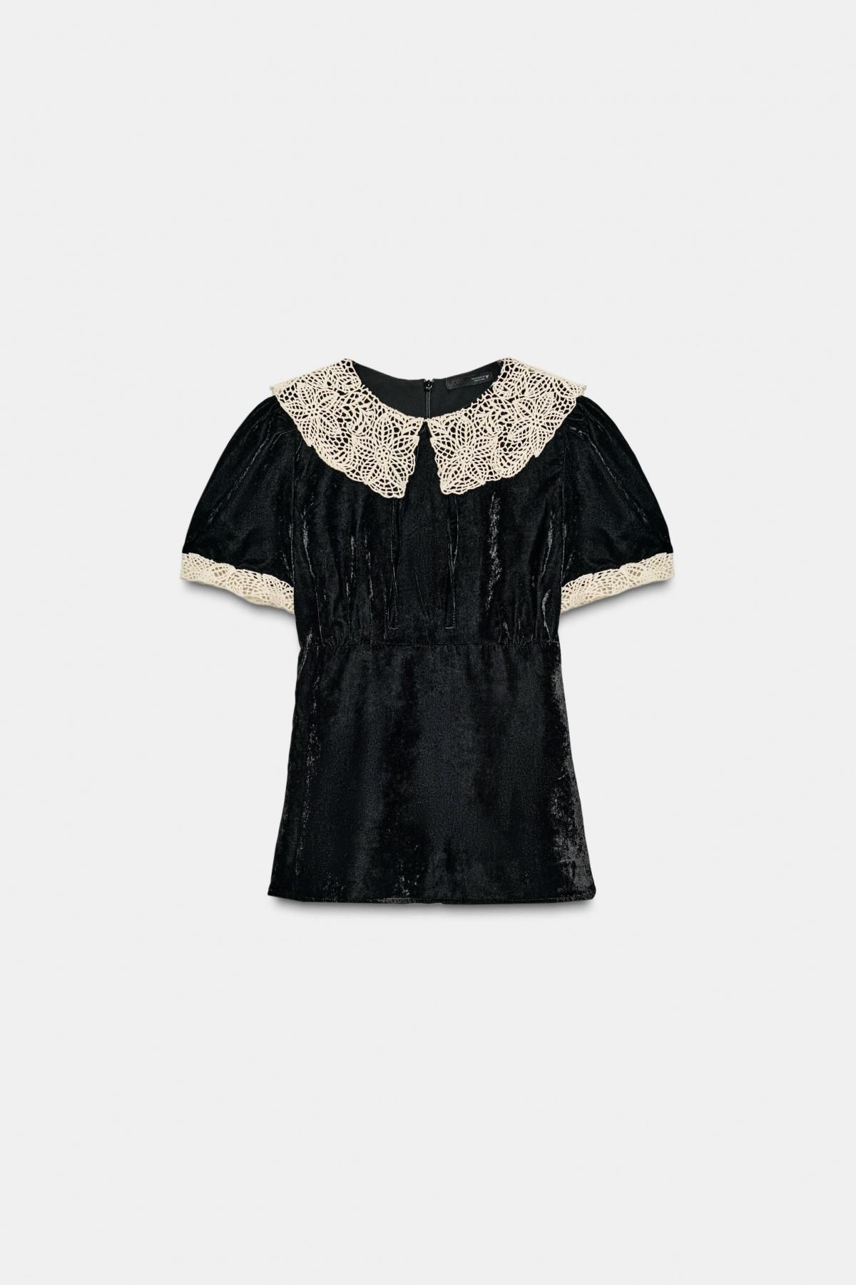 자라 벨벳 레이스 카라 크로셰 리본 반팔 셔츠 0881/132 BLACK - 메인 이미지