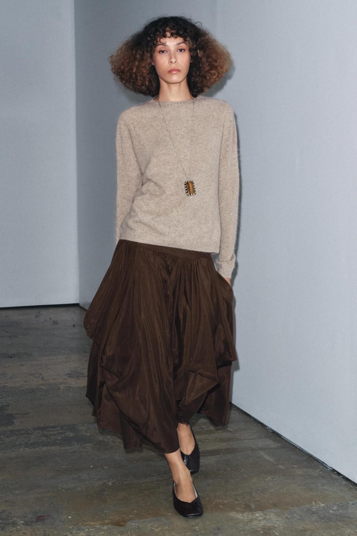 자라 볼륨 플레어 미디 스커트 코튼 비스코스 9474/209 BROWN - 상세 이미지 2