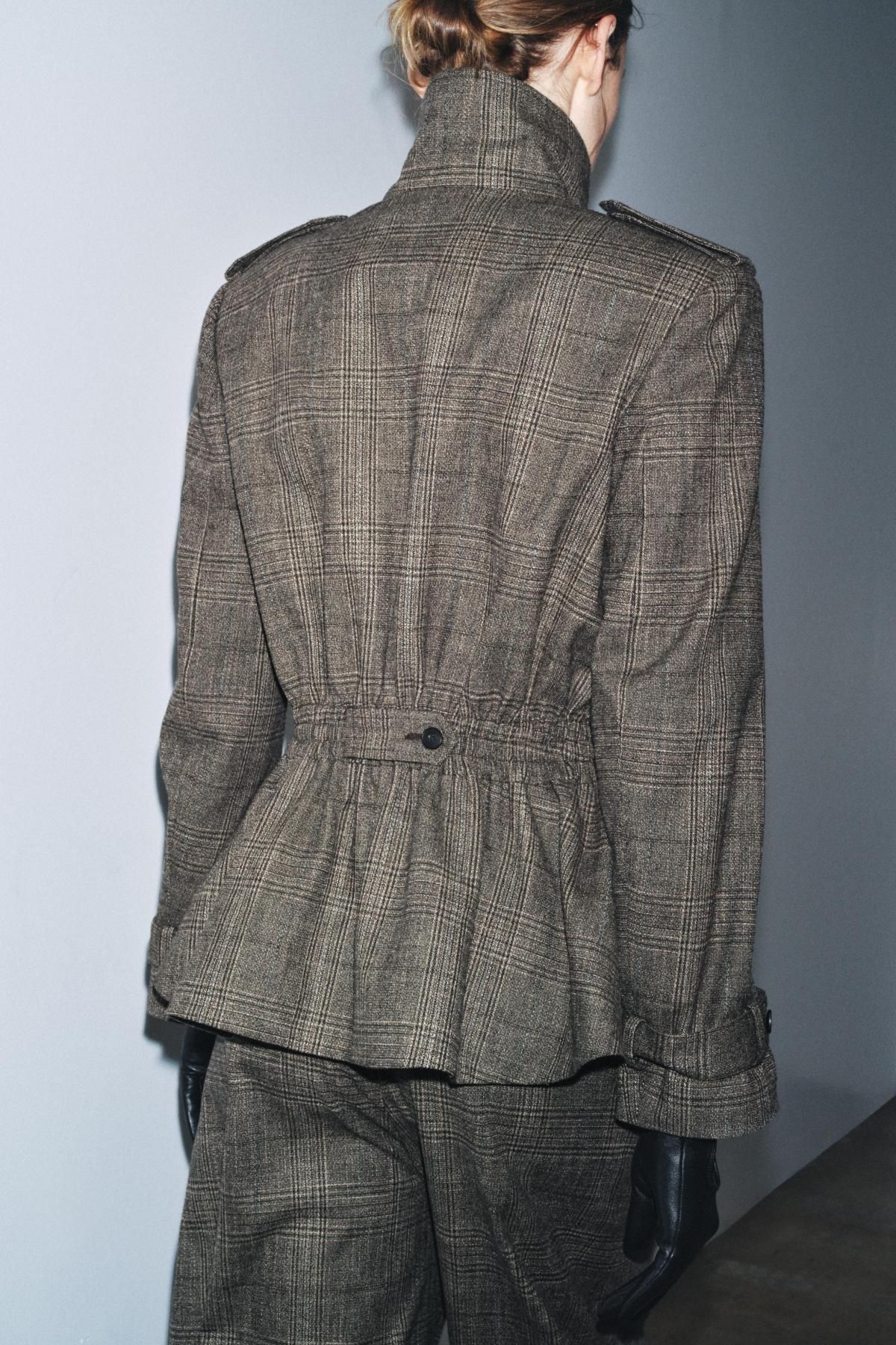 자라 체크 울 블렌드 하이넥 페플럼 재킷 9132/863 BROWN MARL - 상세 이미지 4