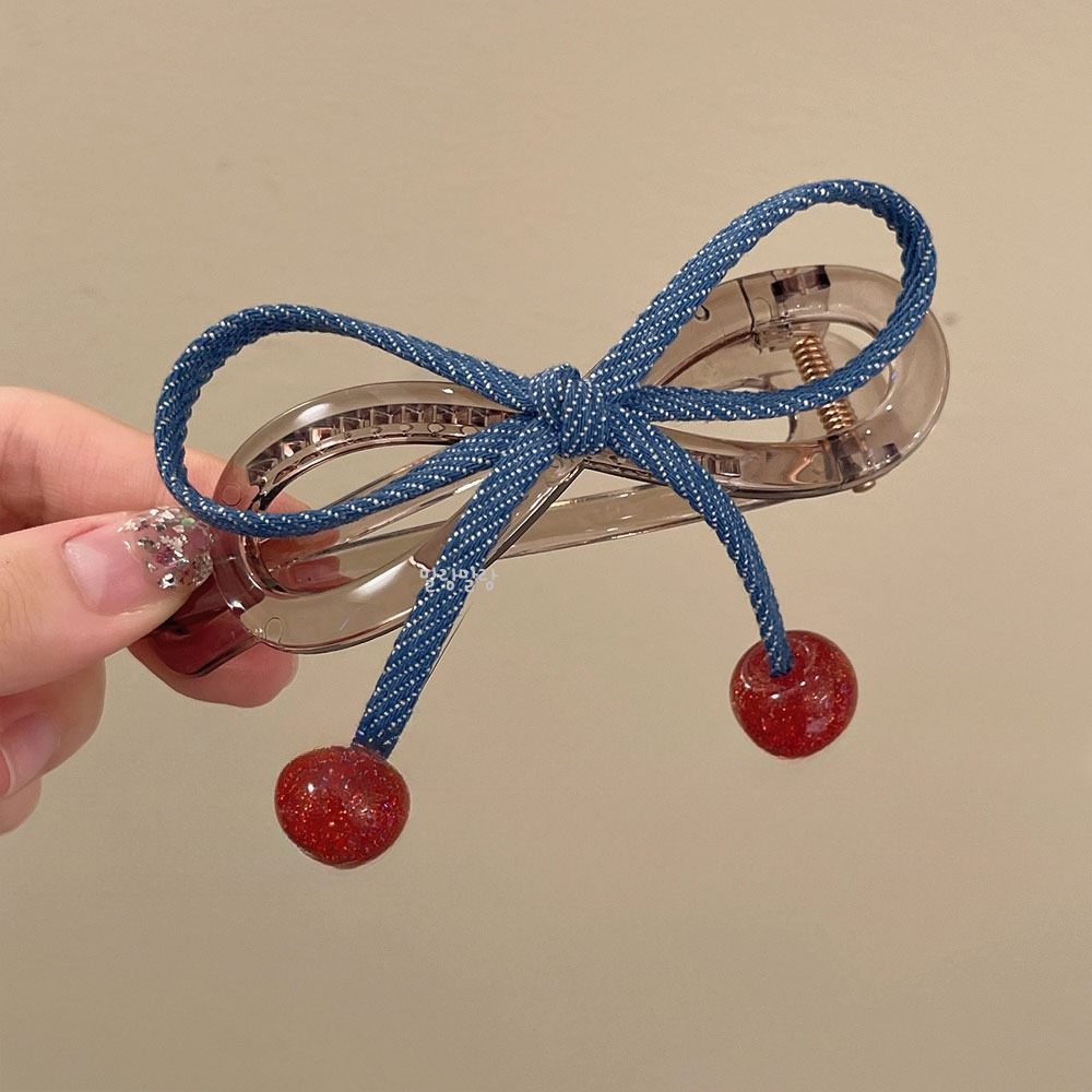 데님 리본 체리 곱창밴드 귀여운머리끈 헤어슈슈 왕리본 스크런치 - 상세 이미지 5