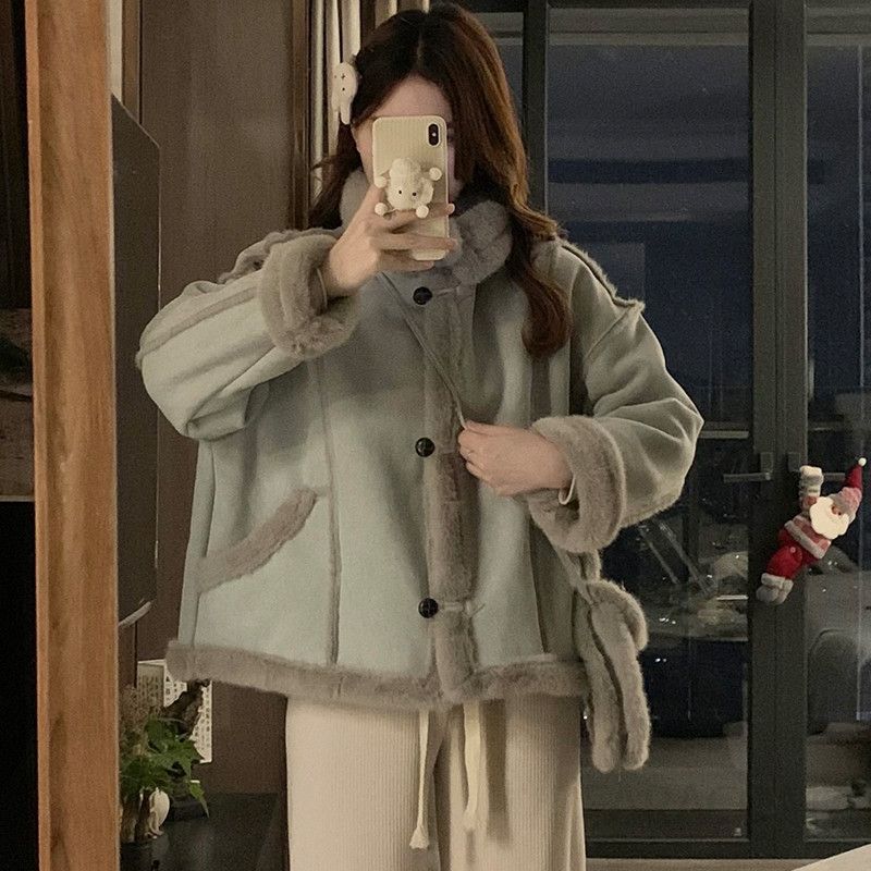여성 빅사이즈 오버핏 겨울 무스탕 퍼 안감 스웨이드 숏 자켓 점퍼 아우터 - 상세 이미지 2