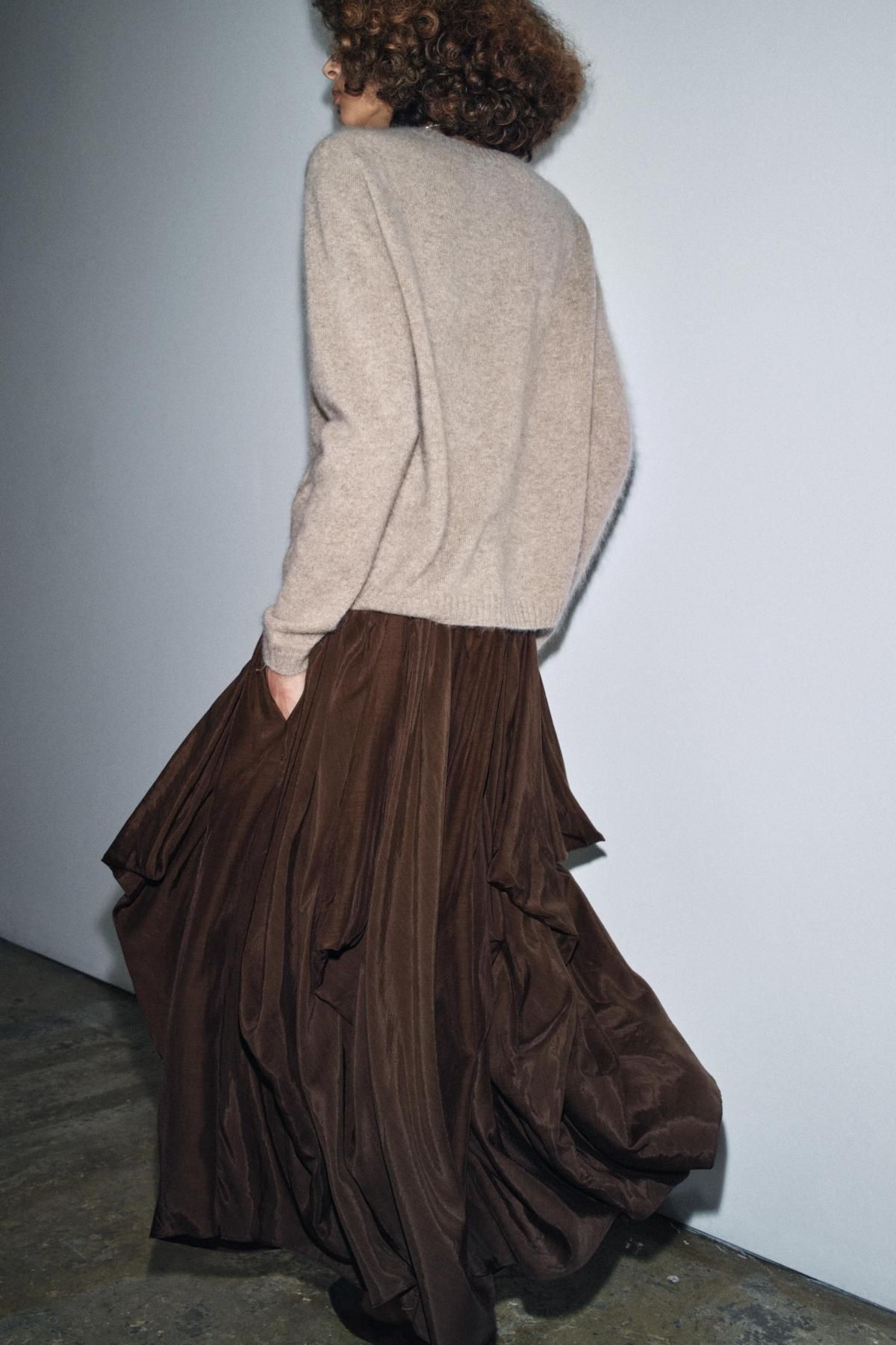 자라 볼륨 플레어 미디 스커트 코튼 비스코스 9474/209 BROWN - 상세 이미지 5