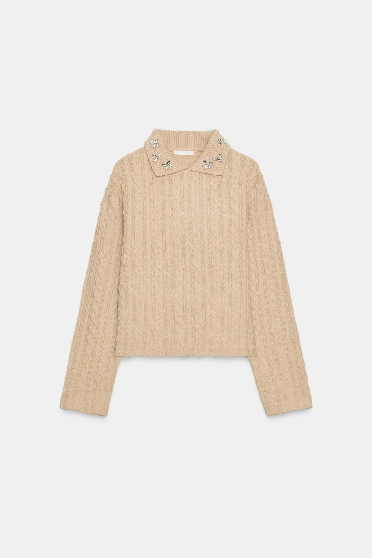 자라 주얼카라 라운드넥 케이블 니트 스웨터 1067/649 LIGHT BEIGE - 상품 이미지
