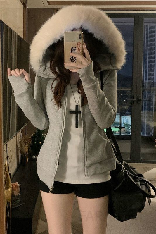 여성 빅사이즈 멜란지 퍼 후드 크롭 기모집업 슬림핏 숏 자켓 따뜻한 겨울 데일리 아우터 점퍼 - 상세 이미지 5