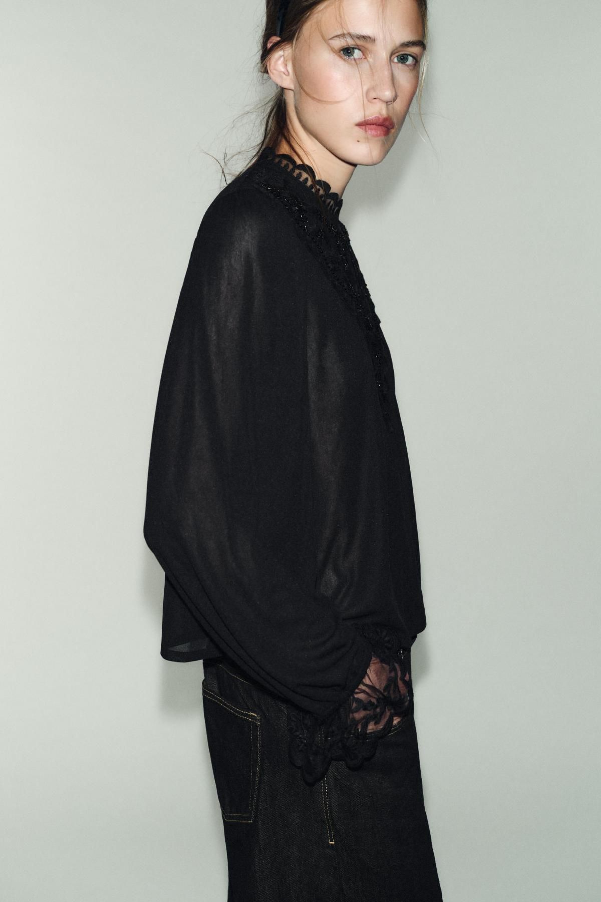 자라 레이스 자수 라운드넥 긴팔 블라우스 4813/849 BLACK - 상세 이미지 5