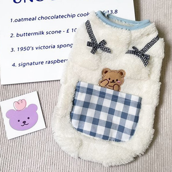 체크 강아지 플리스 티셔츠 조끼 강아지 민소매 티셔츠 테디베어