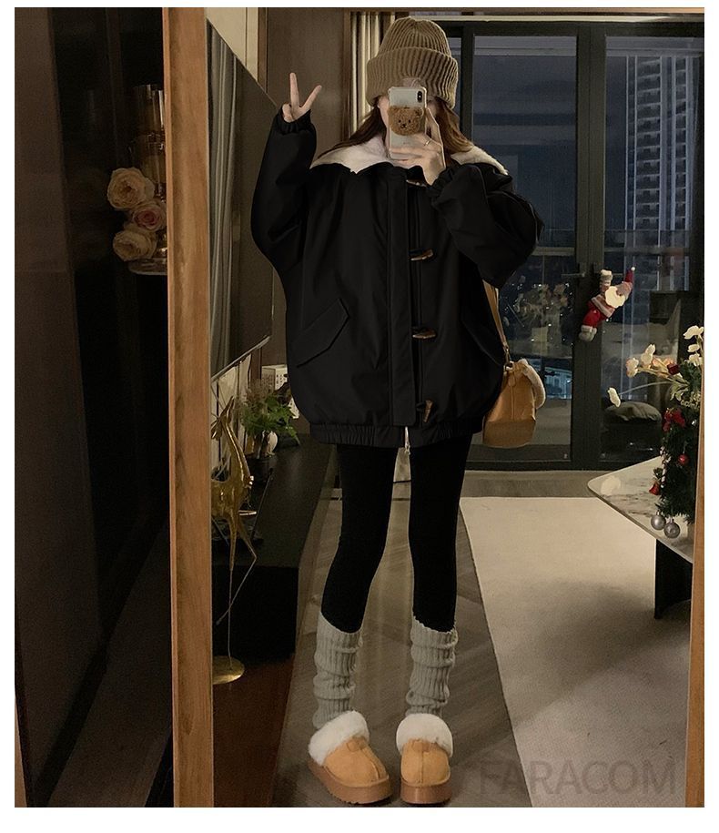 여성 겨울 양털 코튼 파카 오버핏 대형 라펠 뿔 단추 겨울아우터 따뜻한 착용감 겨울하객룩 모던한 디자인 대학 스타일 이미지 6