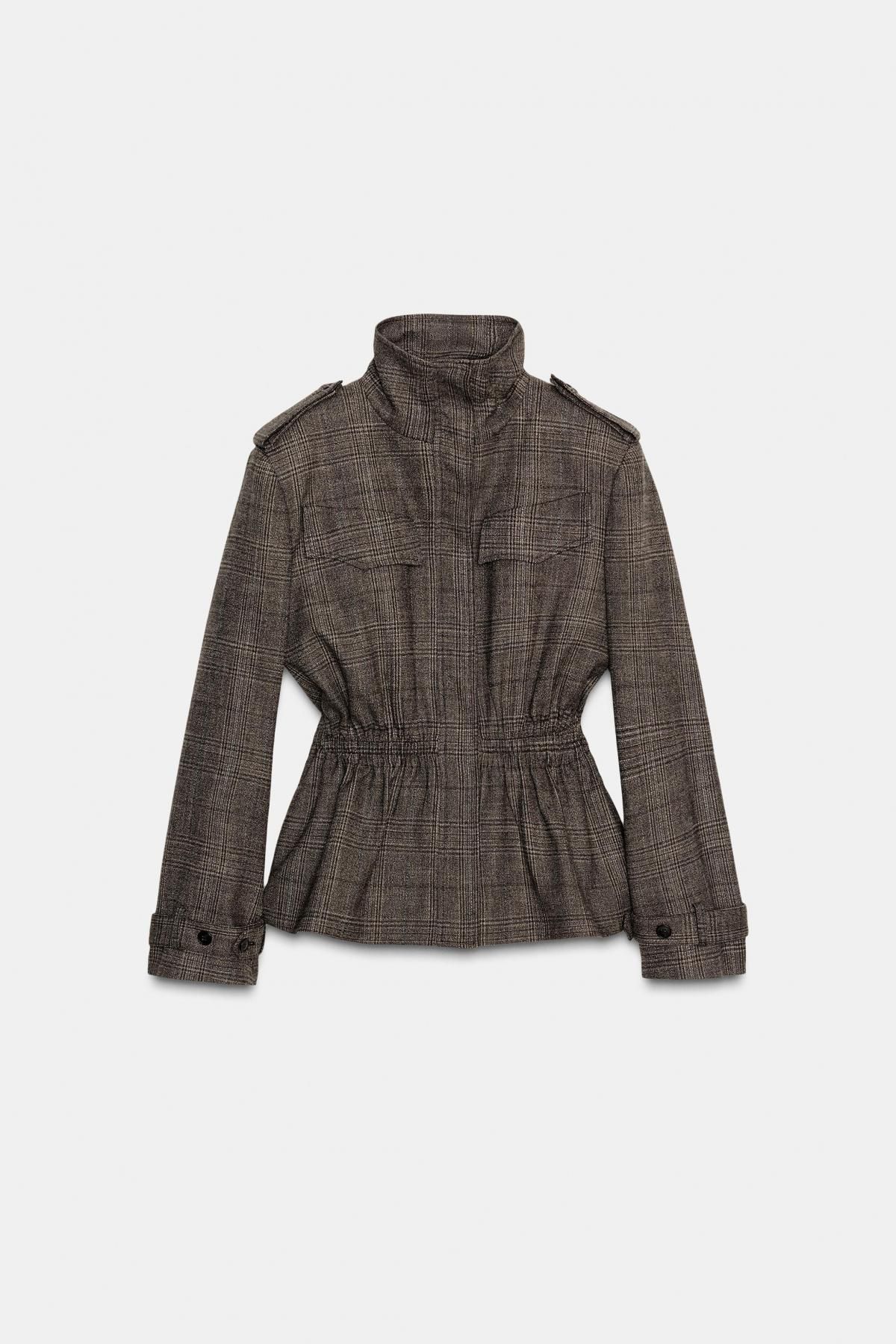 자라 체크 울 블렌드 하이넥 페플럼 재킷 9132/863 BROWN MARL - 메인 이미지