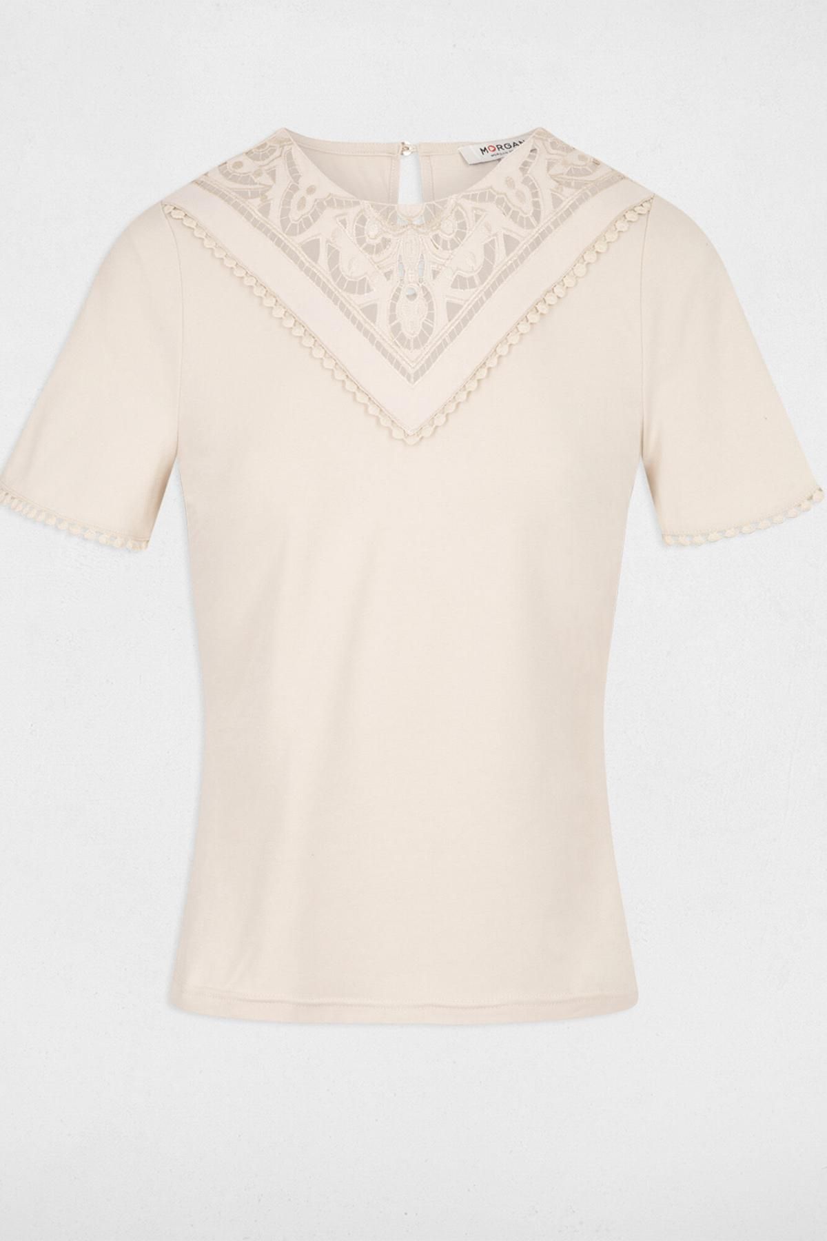 모르간 레이스 자수 라운드넥 반팔 티셔츠 7098192 BEIGE - 상세 이미지 5
