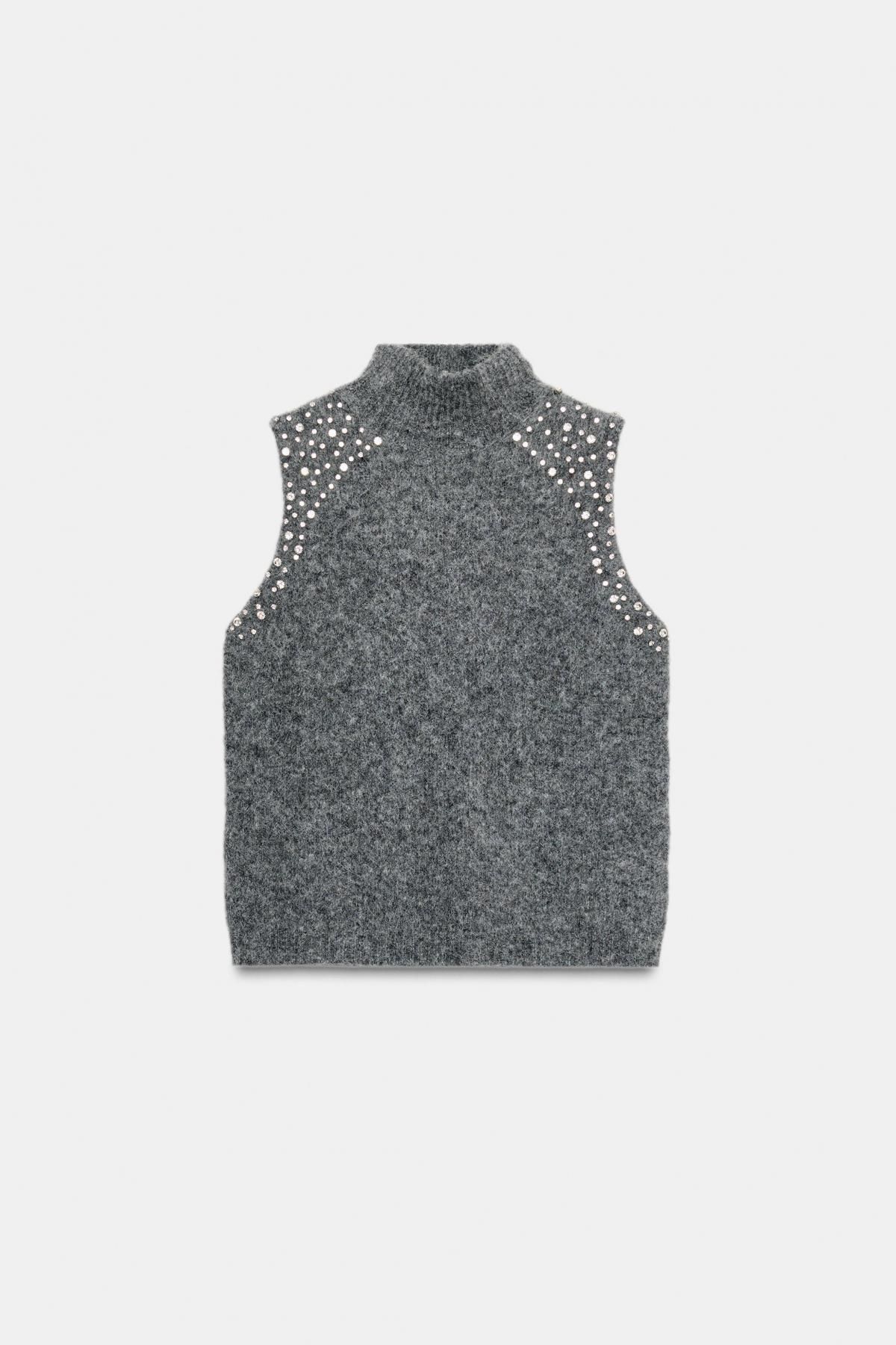 자라 울 혼방 하이넥 니트 탑 라인스톤 비즈 4938/121 ANTHRACITE GREY - 상품 이미지