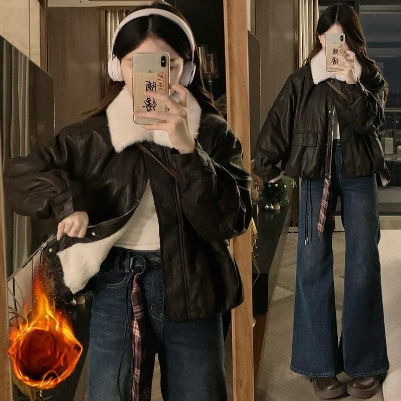 여성 양털안감 PU 가죽 무스탕 항공점퍼 오버핏 두툼한 루즈핏 캐주얼 데일리 겨울 아우터 - 상세 이미지 2