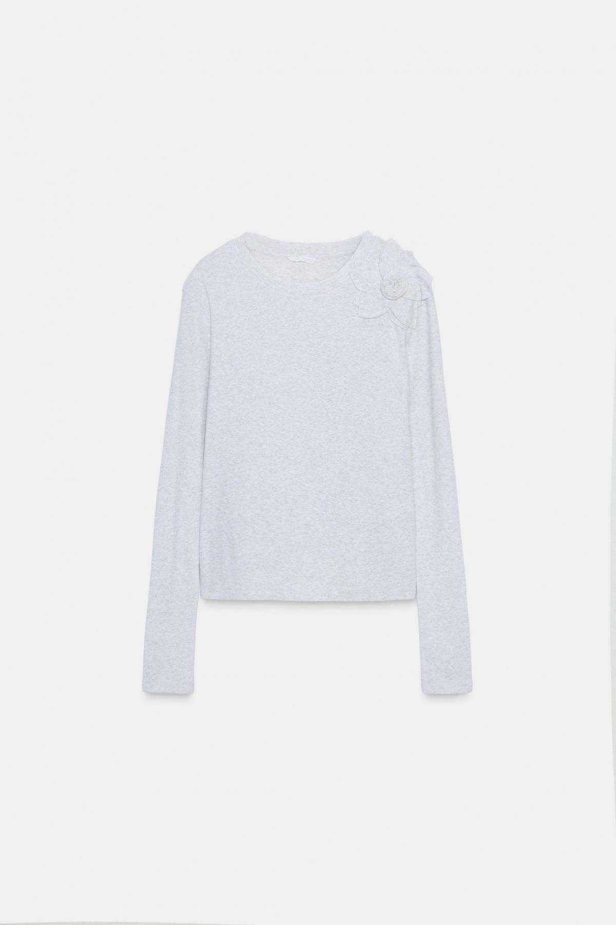 자라 플라워 슬림핏 라운드넥 긴팔 티셔츠 1131/862 GREY MARL - 메인 이미지